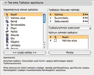 Työkalujen asetukset 6.4.2 Työkalujen ikkunat Osiossa säädetään Työkalut-, Tiedot- ja Työkalun asetukset -ikkunoiden tyyliä. Vie... ja Tuo.