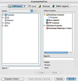 KO. - 24 Kirjastojenhallinta-ikkunassa on neljä välilehteä: LAN/Levyt, FTP-sivut, Äskeiset ja WWW-objektit. Ikkunan oikealla puolella näkyvät käytössä olevat kirjastot.