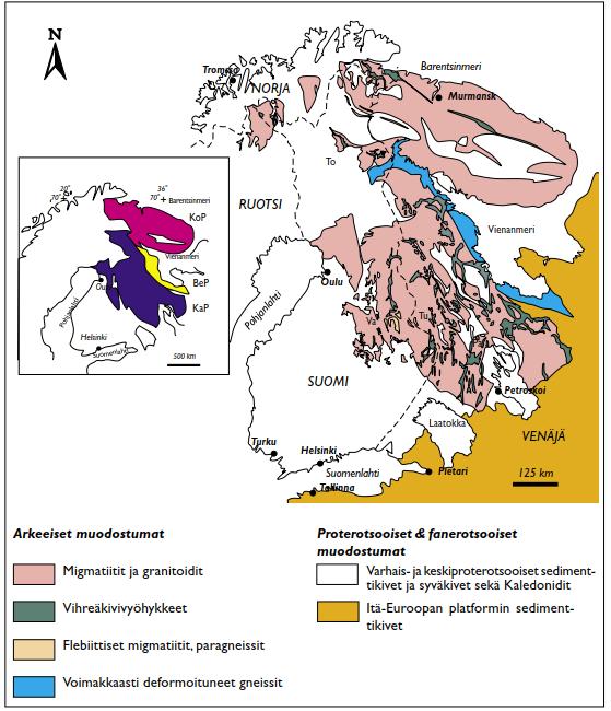 Fennoskandian kilven arkeeinen ydinalue ja sen jakautuminen eri provinsseihin KoP = Kuolan provinssi BeP =