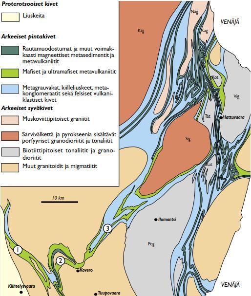 Kiihtelysvaaran ja Ilomantsin arkeeiset vihreäkivivyöhykkeet 1 Keskijärvi, 2 Kuusijärvi, 3 Sonkaja.