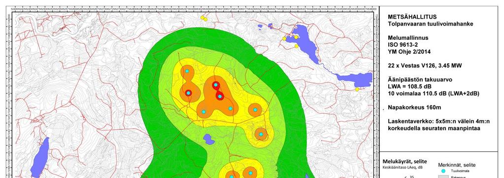 PÖYRY FINLAND OY Sivu 11 (14) 3 LASKENTATULOKSET 3.1 Melun leviäminen Topografiakartalle laskettu melun leviäminen on esitetty alla olevassa melukartassa.