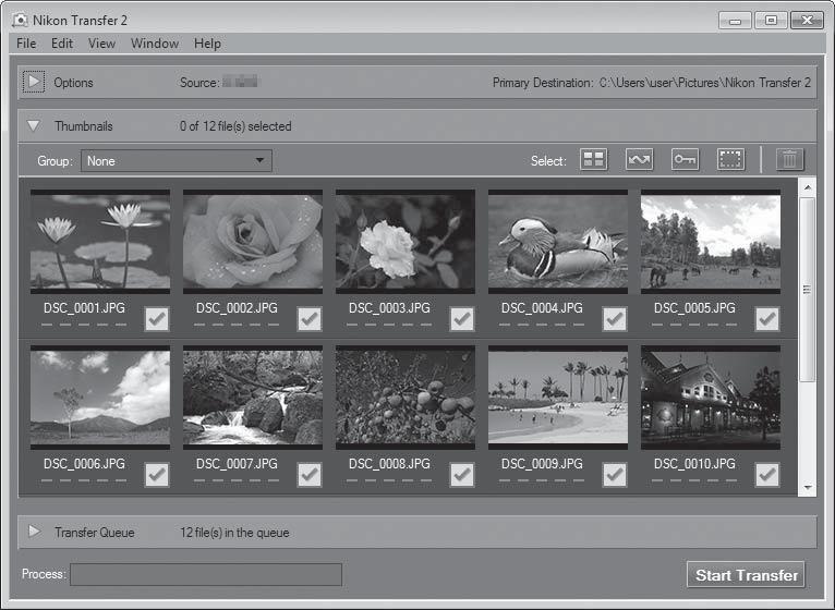 2 Kun Nikon Transfer 2 on käynnistynyt, napsauta Start Transfer (Aloita siirto). Start Transfer (Aloita siirto) Kuvien siirto alkaa.