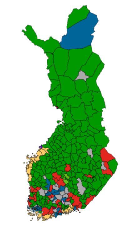 Puolueet suurimman puolueen asemassa kuntavaalien 2017 jälkeen KESK: 192 kunnassa (80:ssa yli 50%) SDP: