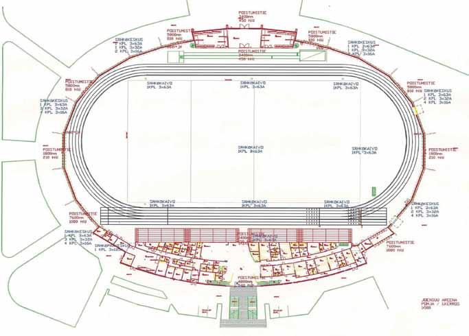 21 Pohjapiirustus. Kuva: Joensuu Areena Peruskäytännöksi on muodostunut, että jalkapalloa ja pesäpalloa varten keskikentästä on käytössä 2/3-osaa ja 1/3-osaa toimii koripallo- ja salibandykenttänä.