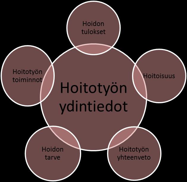 12 Kansallisesti määriteltyjä hoitotyön ydintietoja ovat hoidon tarve, hoitotyön toiminto, hoidon tulos, hoitoisuus ja hoitotyön yhteenveto.