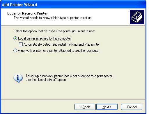5. Valitse Paikallinen tulostin tai verkkotulostin -sivulla Paikallinen tulostin, joka on kytketty tähän tietokoneeseen. Valitse Seuraava.