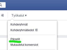 Mainos tehdään tätä nykyä seuraavalla tavalla Mene Facebookin mainostyökaluun Klikkaa yläreunasta työkalut ja sitten pikselit Jos et ole vielä luonut pikseliä, Facebook pyytää sinua