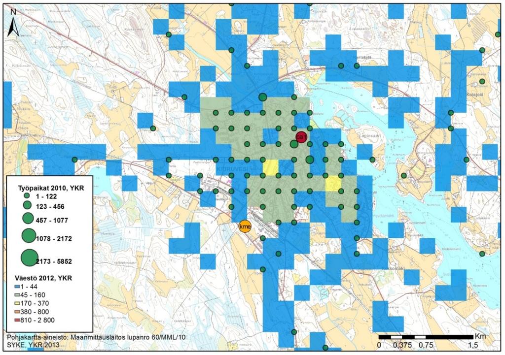 kilometrin säteellä Kiuruveden tiva-kaupan alueesta sijaitsi 1450 työpaikkaa, kuuden kilometrin säteellä 1900 työpaikkaa (liite1).