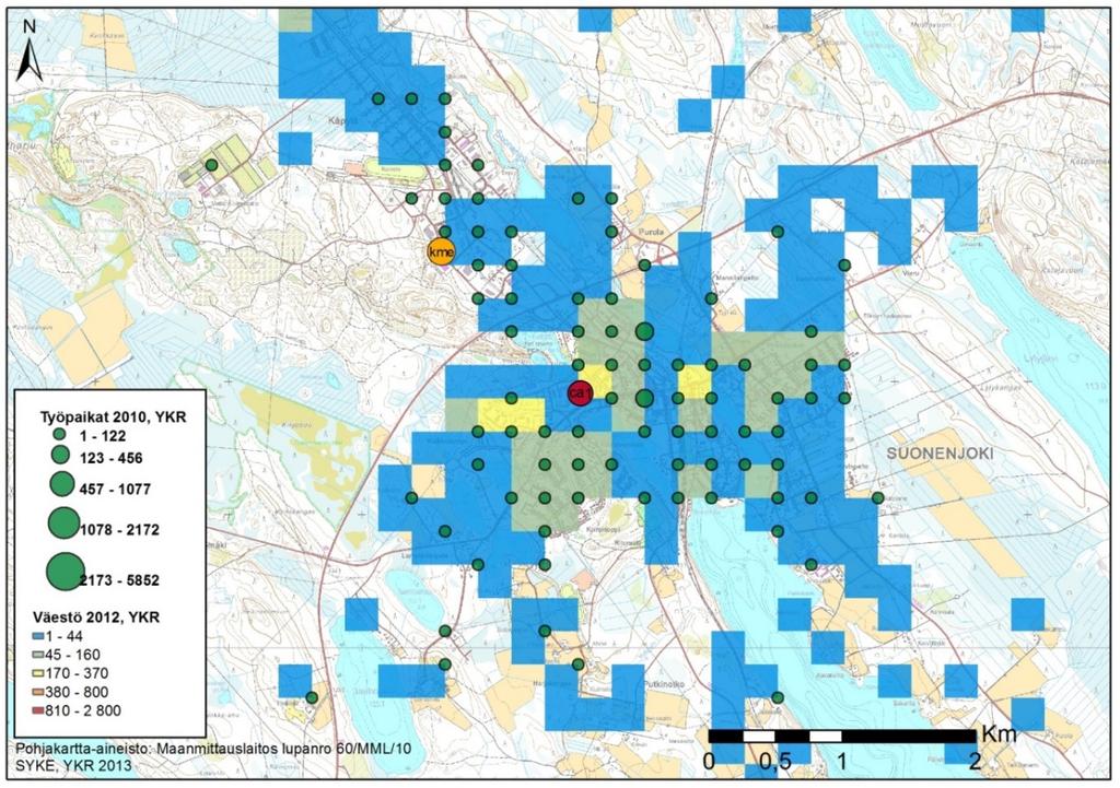 Suonenjoki kme Kuva 44. Väestön ja työpaikkojen sijainti Suonenjoella. Johtopäätökset Suonenjoen tilaa vaativan kaupan alue on osa olemassa olevaa yhdyskuntarakennetta.