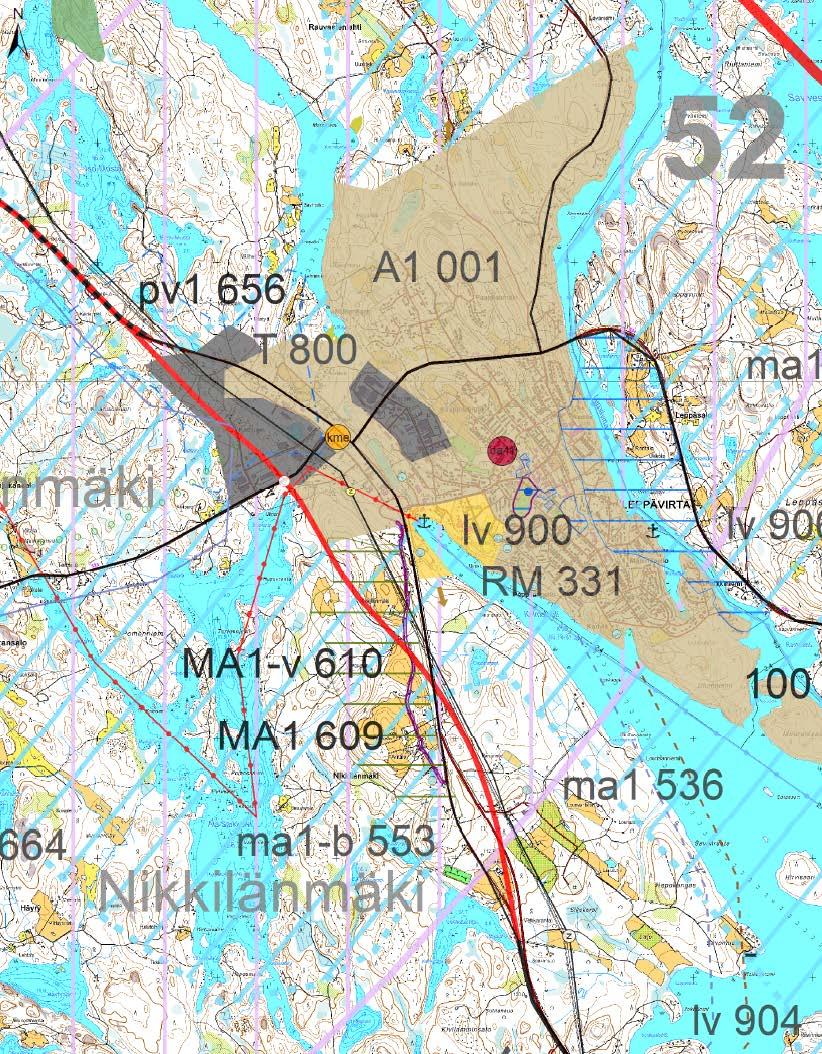 Kuva 46. Voimassa olevien maakuntakaavojen yhdistelmä, Leppävirta. Kuvassa ohitustielinjaus on esitetty punaisella värillä.