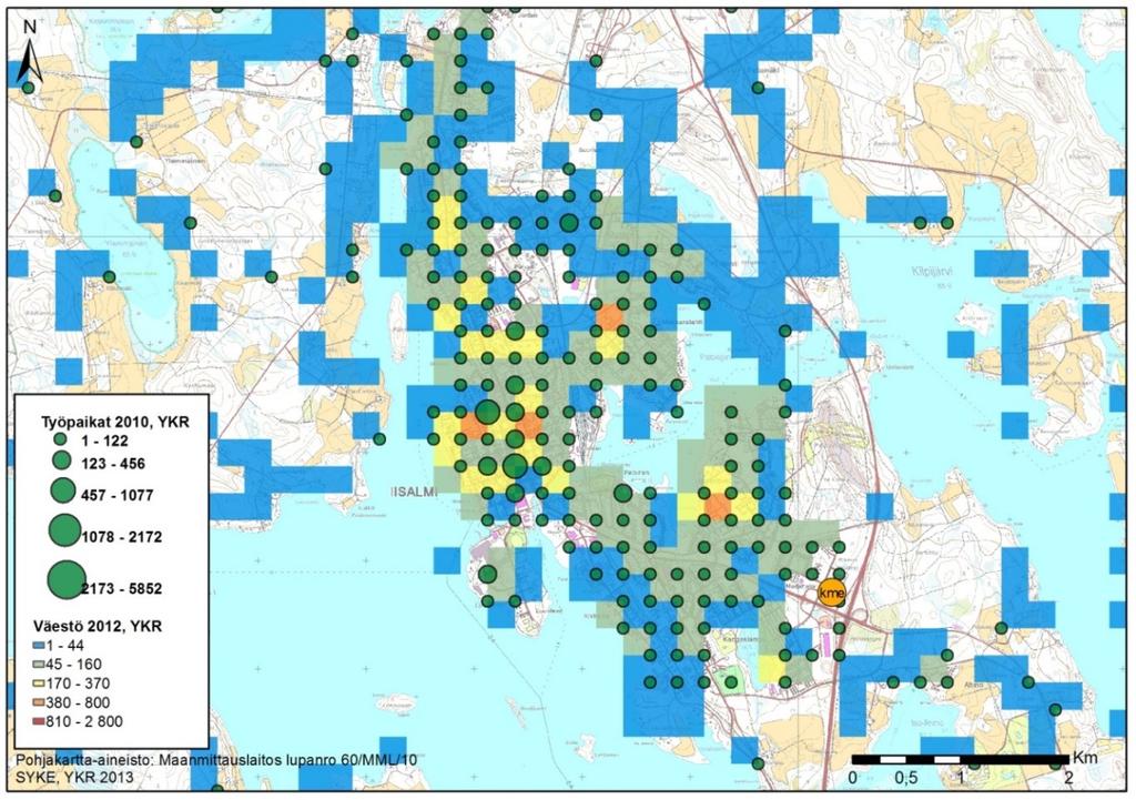 Marjahaka Kuva 4. Väestön ja työpaikkojen sijainti Iisalmessa. Valtatie 5:n itäpuoli osoitetaan kaupan maakuntakaavaehdotuksessa työpaikka-alueena. Työpaikkaalue ei ole vielä toteutunut.