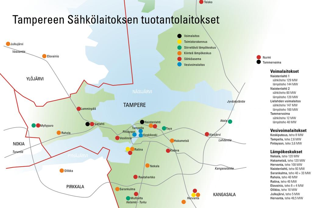 18 Kuva 11. Tampereen energiantuotantolaitokset [24]. Tampereen sähkölaitos on myös osakkaana Suomen Hyötytuuli Oy:ssä, joka on vuonna 1998 perustettu tuulivoiman tuotantoyhtiö.