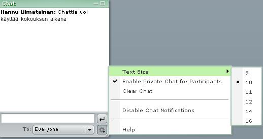 Adobe Meeting podien käyttö 2 (6) Chat Chat-podilla käyttäjät voivat viestiä toisilleen.