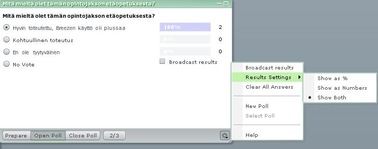 Adobe Meeting podien käyttö 3 (6) Poll Poll-podissa voi osallistujilla teettää äänestyksiä. Em. kuvassa on asetus Multiple Choice, eli valmiiksi annetuista vaihtoehdoista on yksi valittavissa.