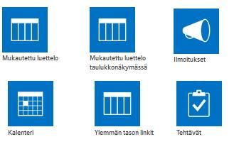 43 6.9 Luettelot Mukautetut luettelot (Custom List) luotiin uudelleen intranetiin vanhojen tietojen pohjalta. Valmiita malleja löytyy sivuston omista sovelluksista mm.