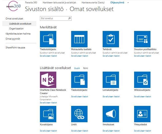 48 KUVA 25. Sivuston jakaminen ja käyttöoikeudet. Sharepoint Online -sivuston sisällöstä löytyvien valmiiden sovelluksien avulla voidaan sivulle lisätä mm.