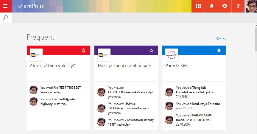 Voit etsiä organisaatiosi sivustoja valitsemalla O365-palvelun sovellusvalikosta Sharepoint.