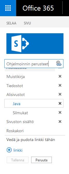 Näet pääsivuston ylälinkkipalkissa kolme sivua. Napsauta Muokkaa linkkejä -painiketta.