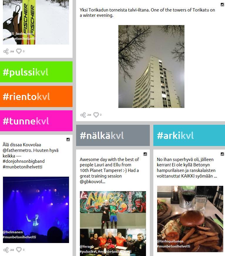 Kuva 12: Ote betonihelvetti.fi-sivustolta, jossa näkyy sosiaalisen median eri kanavissa Kouvolan aihetunnisteella julkaistu sisältö. Sivuston ylälaidassa voi etsiä julkaisuja tietyltä ajalta.