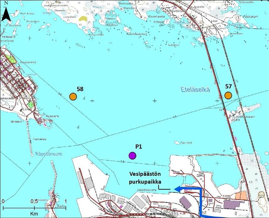 Mäntyluoto, tuhkanpesulaitos EHDOTUS TARKKAILUOHJELMAKSI 8(9) Kuva 1. Tuhkanpesulaitoksen vesipäästön purkupaikan sijainti ja suunnitellut näytteenottopisteet Eteläselällä. K 3.