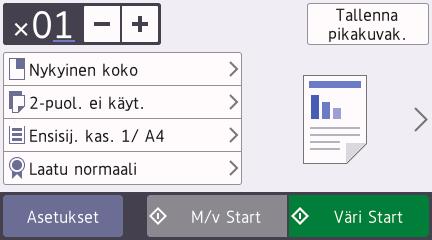 4 Kopiointi Asiakirjan kopioiminen Kun olet muuttanut asetukset, paina [OK]. 3 Varmista, että olet ladannut paperikasettiin oikeankokoista paperia. Lataa asiakirja. Paina [Kopio].