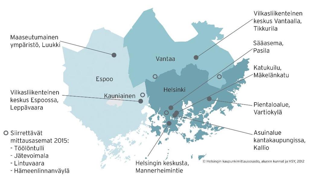 Ilmanlaadun mittauspisteet pääkaupunkiseudulla ja kooste ilmanlaadusta eri laatuluokissa* vuonna 2015 % vuoden tunneista 100 90 80 70 60 50 40 30 20 10 0 Man Mäk Kal Var Lep Tik Luu Jät T-tul Lin Häm