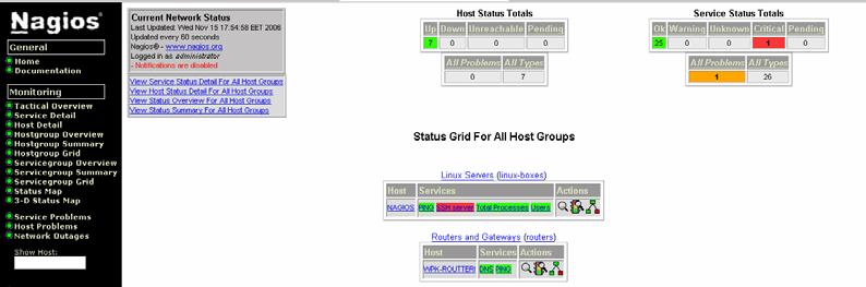 39 Hostgroup-sivut summary, overview ja grid (kuva 11) tarjoavat periaatteessa kaikki samat tiedot valvottavista laitteista ja näiden palveluista.