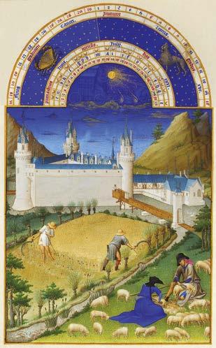 Kalentereita kautta aikojen Heinäkuu. Très Riches Heures du Duc de Berry. Ranskalainen rukouskirja.