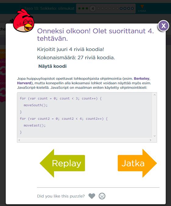 Kuvio 1. Code.orgin tehtävän suoritettuaan voi katsoa valmista ohjelmakoodia. oppilas voi hämääntyä etsiessään sopivaa oppimateriaalia. 4.