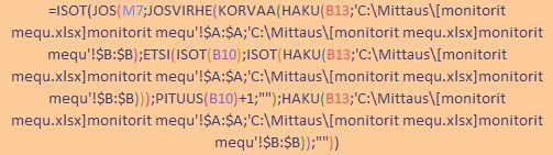 14 Kuva 17. Malli-solun kaava. Kuva 18. Sarjanumero-solun kaava. Näiden funktioiden toiminta on yksinkertaistettuna seuraava: Soluun B13 on syötetty monitorin L-numero.