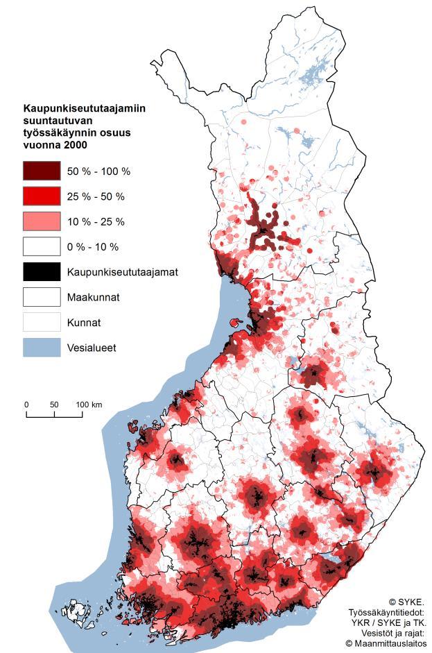 Kuva 3. Kaupunkiseututaajamiin suuntautuvan työssäkäynnin osuus vuosina 2000 ja 2014.