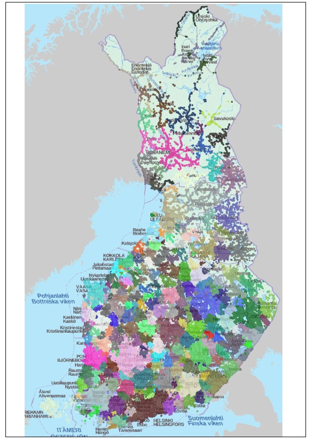 Kuva 6. Perustason alueet. Alueet joissa kohdealueelle suuntautuva työssäkäynti on suurempaa kuin mihinkään muuhun kohdealueeseen.