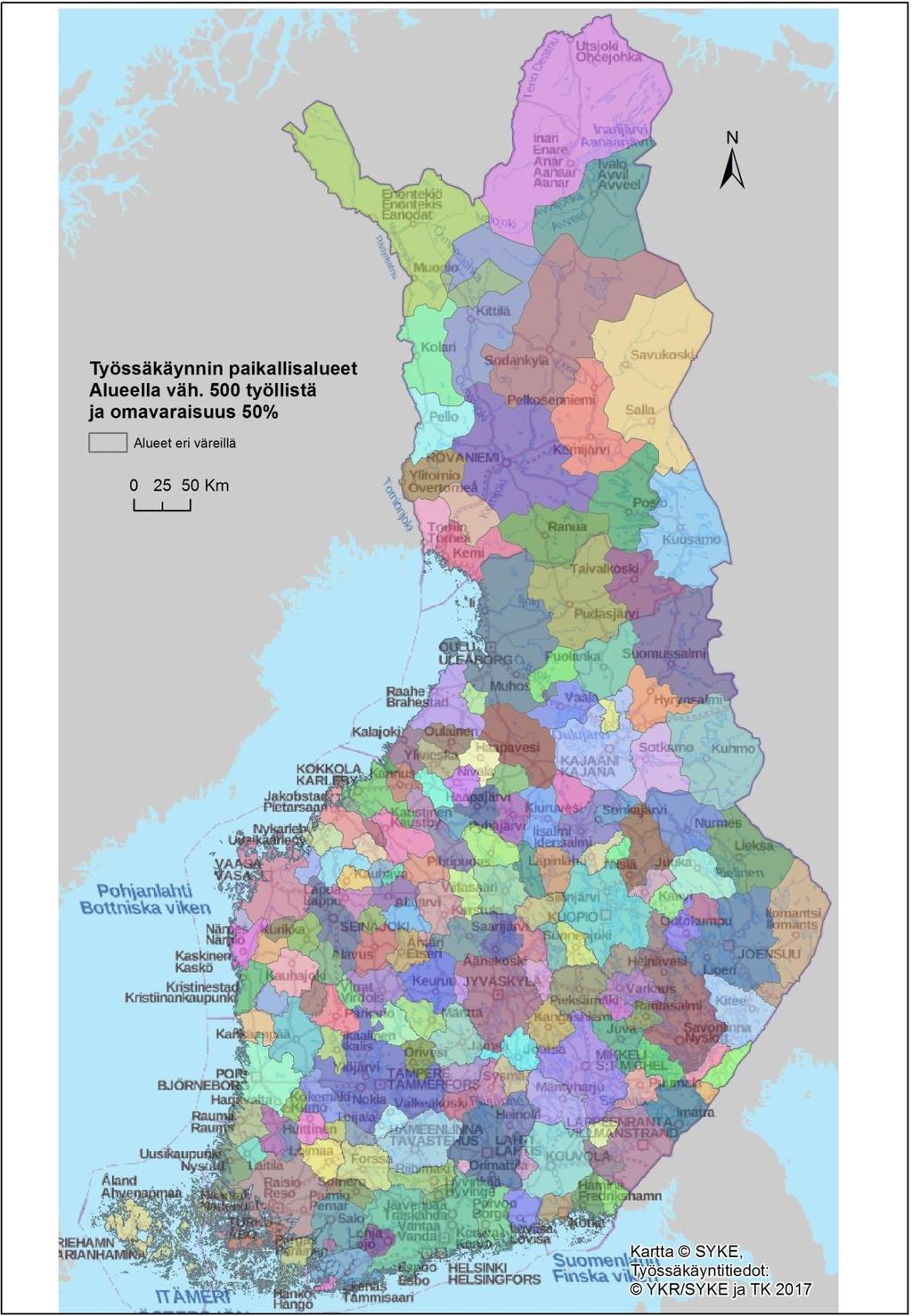 Kuva 9. Työssäkäynnin paikallisalueet. Alueella asuvia työssäkävijöitä vähintään 500, joista vähintään puolet (50 %) käy töissä samalla alueella.