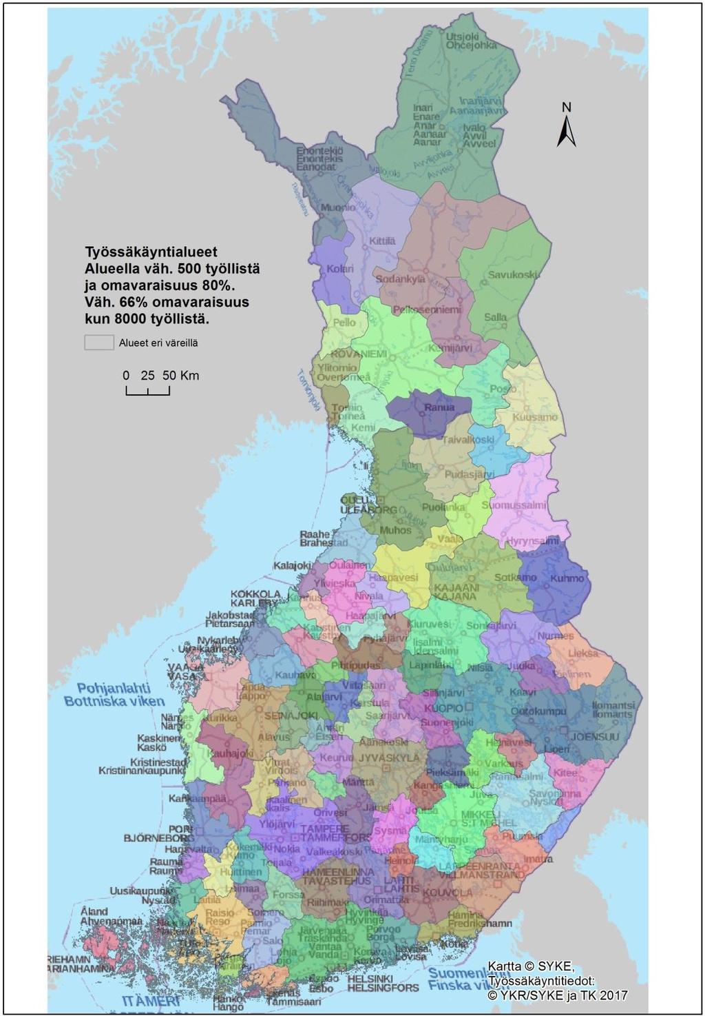 pohjanmaan monikeskuksisilla maaseutualueilla, joissa pienet, melko itsenäiset paikalliset alueet yhdistyvät laajemmiksi työssäkäyntialueiksi. Kuva 10. Varsinaiset työssäkäyntialueet.