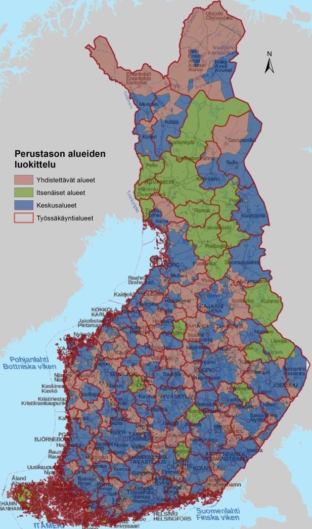 Kuvassa 12 on esitetty myös perustason alueiden luokittelu sen mukaan, miten niitä menetelmässä käsitellään.