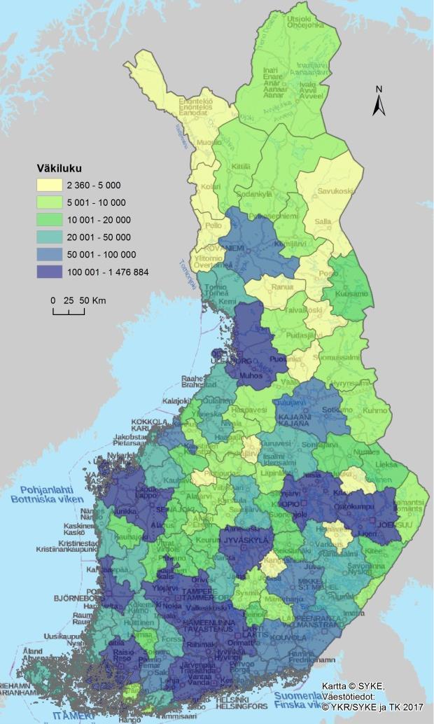 Kuva 13. Työssäkäyntialueiden väestömäärät ja tarjonnan omavaraisuus. Taulukko 1 Työssäkäyntialuerajausten tunnuslukuja.