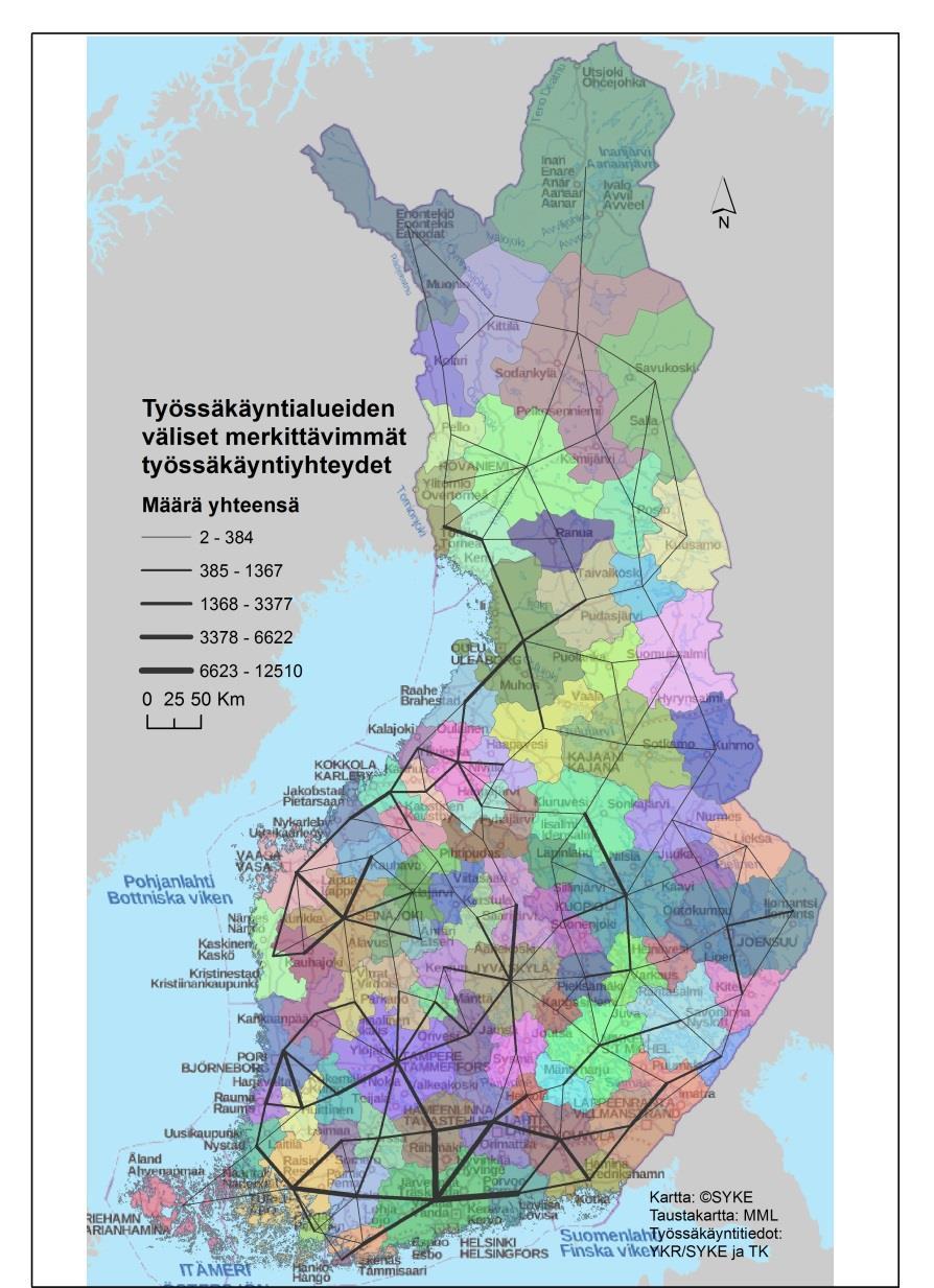 Kuva 31. Yhteen lasketut työssäkäyntialueiden väliset työmatkavirrat. Kultakin alueelta on merkitty kaksi suurinta työmatkavirtaa.