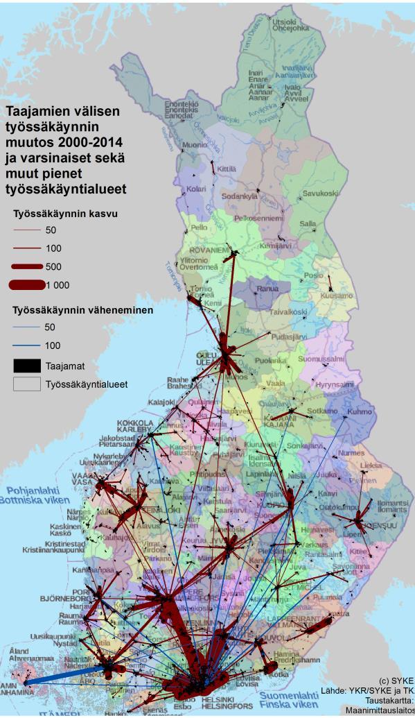 kaupunkien, kuten Lappeenrannan ja Imatran taajamien sekä Turun ja Salon taajamien välillä on runsaasti työssäkäyntiä.