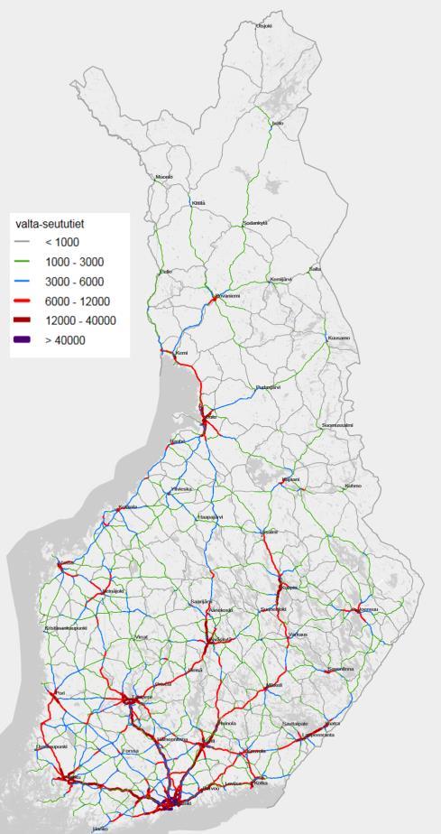 Kuva 36. Keskimääräinen vuorokausiliikenne valta-, kanta- ja seututeillä vuosina 2012 2015 (Liikennevirasto 2017).
