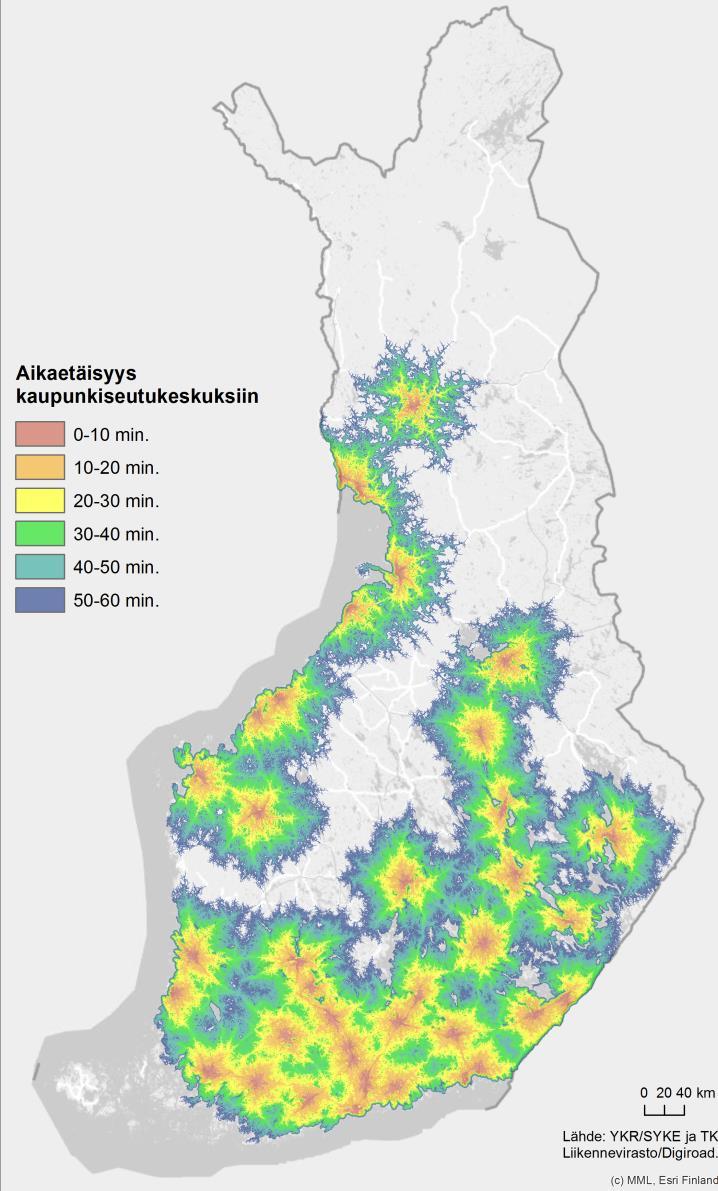 Monien kaupunkiseutujen välillä on käytäviä, joilla lähin keskus on enintään puolen tunnin ajomatkan päässä (Kuva 38).