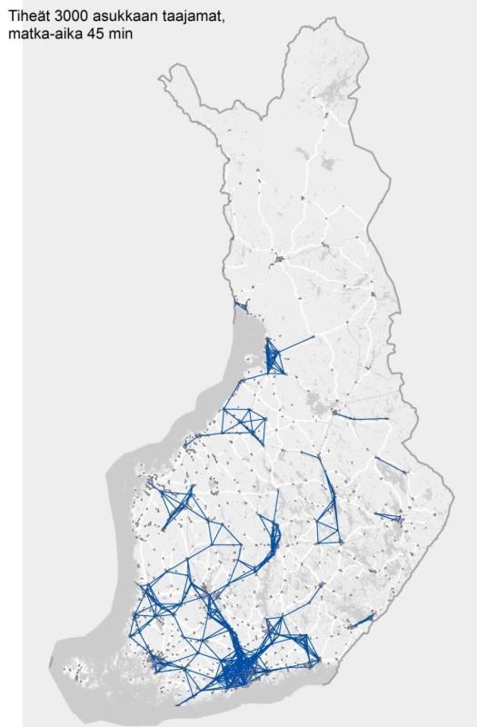 Kuva 39. Enintään 45 minuutin automatkan päässä toisistaan sijaitsevat vähintään 3 000 asukkaan taajamat (tarkastelussa on mukana asemakaavoitettua aluetta vastaava tiheä taajama-alue (ks.