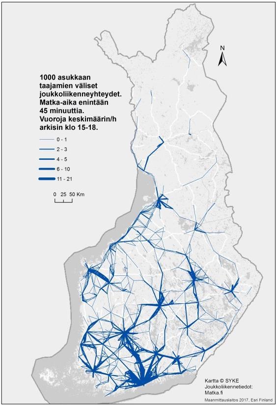 joukkoliikenneyhteyden päässä sijaitsevat