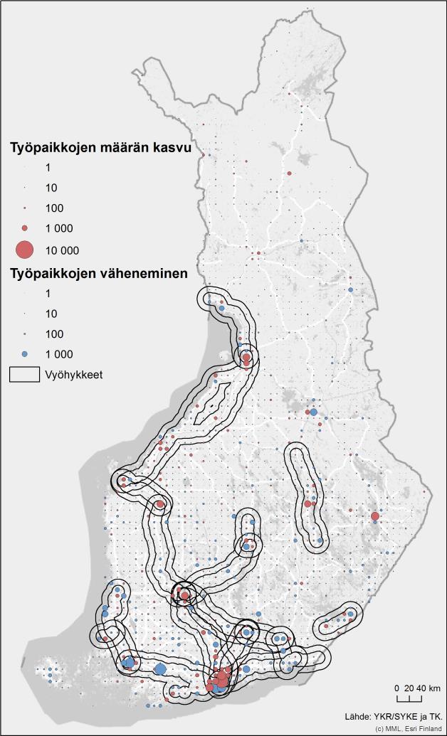 Kuva 43. Nettomuuttovoitto ja -tappio 10 km tilastoruudukossa vuosina 2009 2015.