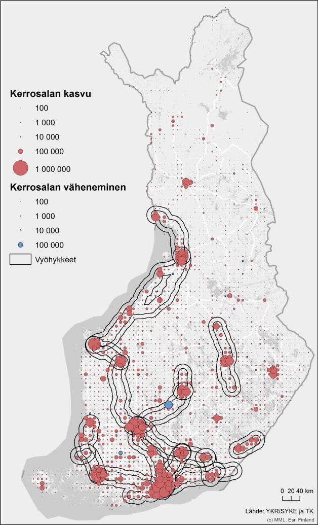 Kuva 45. Työllisten määrän muutos 10 km tilastoruudukossa vuosina 2009 2014.