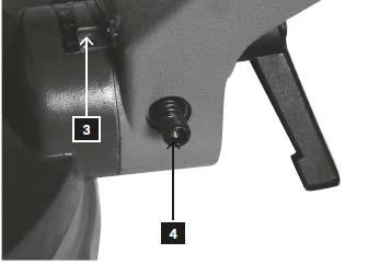 45 angle - For setting the angular stop to 45 move the cutting head to the left and adjust the screw (4) with the Allen key until the 45 position on the scale (3) is reached.