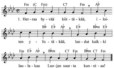 IV Päätös *24. Ylistysvirsi 332 a) 2. Pyhät, suuret, korkeat työnsä on ja oikeat, suuri herrautensa maassa on ja taivaassa. 3. Kiitos Jumalallemme soikoon sydämestämme virsin, lauluin, psalttarein, harpuin, huiluin, kantelein.