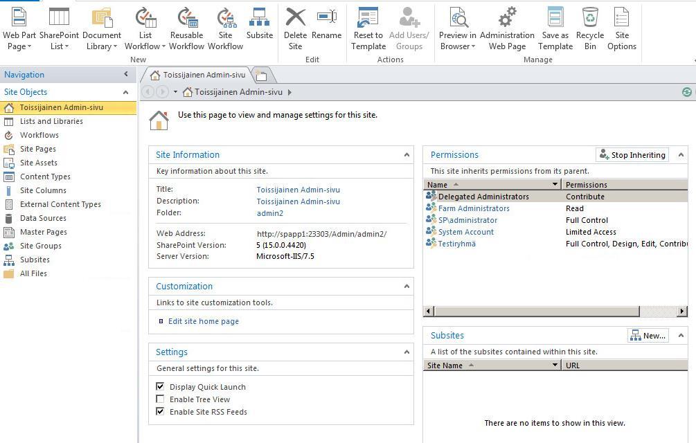 Kuva 4. Ryhmäsivusto avattuna SharePoint Designeriin SharePointin työkaluvalikko noudattaa tuttua Microsoft Office teemaa, ja työskentelyn aloittaminen on helppoa tutun näköisessä ympäristössä.