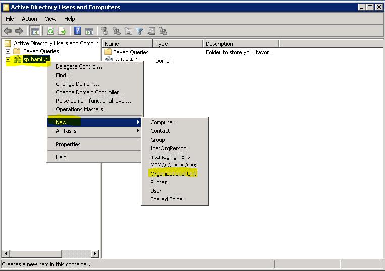 Organisaatioyksikön luominen aloitettiin käynnistämällä Active Directory Users and Computers -työkalu Active Directory -palvelintietokoneelta. Kun työkalu oli käynnistetty, valittiin toimialue sp.