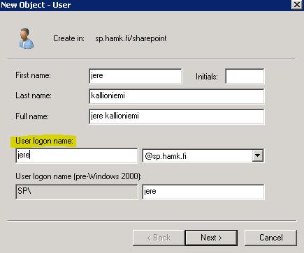 Kuva 25. Käyttäjätunnuksen luominen Active Directory Users and Computers - työkalulla 3.