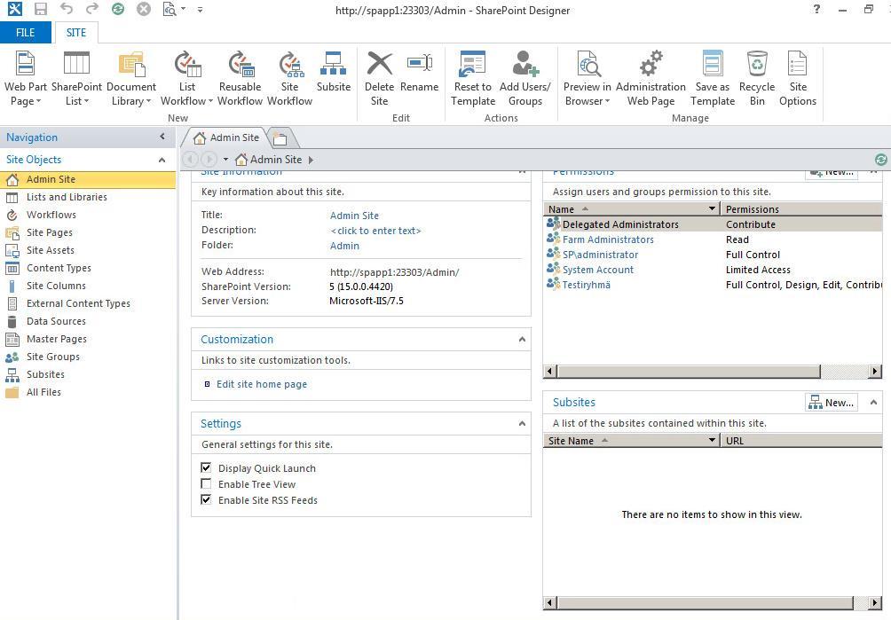 repoint Designerin avulla ja samalla testattiin ohjelman toimintaa sekä mahdollisuuksia. SharePoint Designerin ulkoasu on esitetty kuvassa 41, jossa ohjelmaan on avattuna ryhmäsivusto Admin Site.